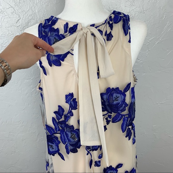 NWT Beige by Eci blue embroidered Floral A-line flowy tulle dress L - Picture 7 of 11